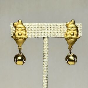 Vintage Gold Santa Claus Earrings With Dangle bell bead Satin and Shiny Finish